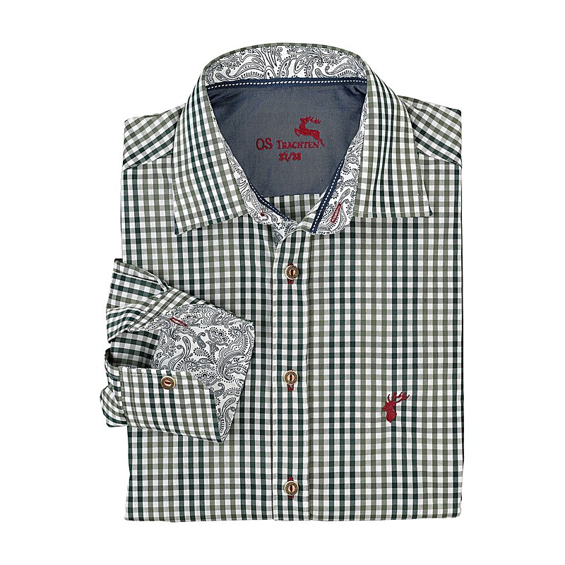OS-Trachten Herren-Langarmhemd, Slim Fit, trachtengrün, Größe 47/48