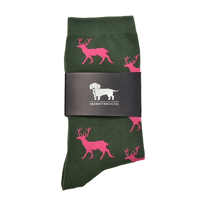 Krawattendackel Socken mit Hirsch, grün-pink, Größe 41-46, Sockengröße 41/46