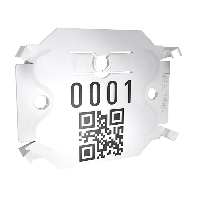 Signumat Kunststoffplättchen Arbo Tag Resistant White mit Alunägeln, Beschriftung nach Wunsch plus QR-Code