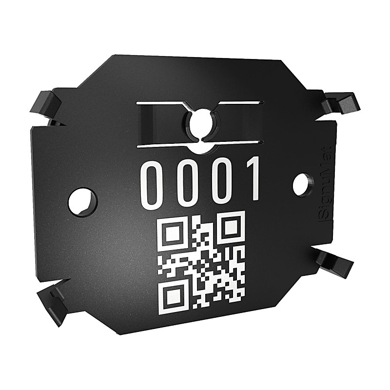 Signumat Kunststoffplättchen Arbo Tag Barcode Black mit Alunägeln, Beschriftung nach Wunsch plus QR-Code
