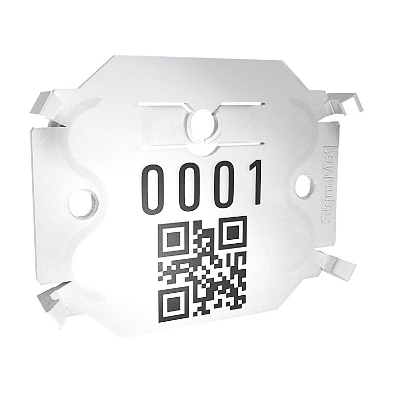 Signumat Kunststoffplättchen Arbo Tag Resistant White mit Stahlnägeln, Beschriftung nach Wunsch plus QR-Code