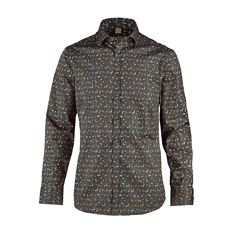 Tom Collins Hunting Langarmhemd Allover-Druck, Slim Fit, oliv, Größe 39/40